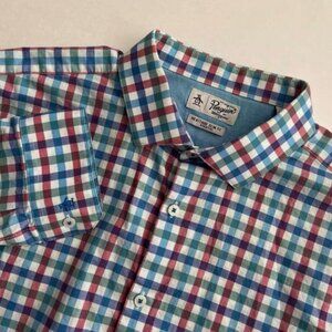 Penguin Men's Red Blue White Green Plaid Button Up Long Sleeve Slim Fit 17 34/35